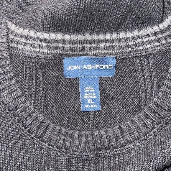 JOHN ASHFORD 100% Cotton XL Black Gray Striped Collar Pullover crew neck - Picture 6 of 6